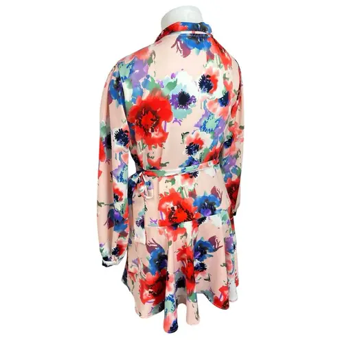 Boohoo  Womens Multicolor Floral Wrap Tie Long Sleeve Mini Skater A-line Dress 14