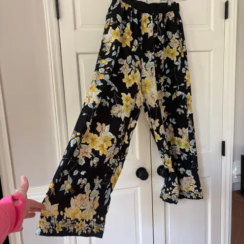 Fatface Jenna Citrus Floral Wide Leg Trousers Black Yellow Peach Size 8 UK 12