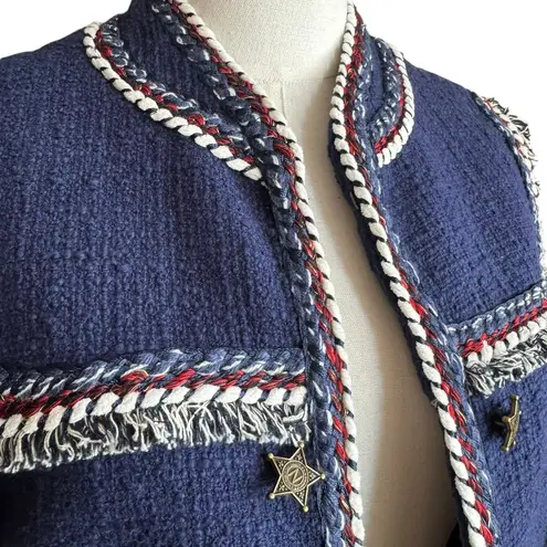 Boston Proper Navy Tweed Jacket Size 6 ā Braided Trim & Star Buttons