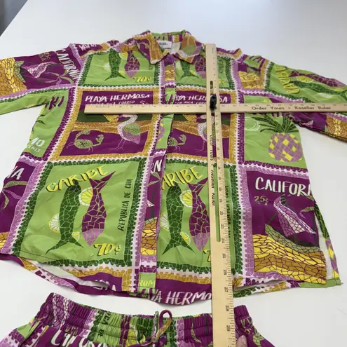Seven Wonders Two Piece Set Womens XS Purple Green Hawaiian Aloha Shirt Shorts