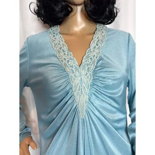 Vintage 60's OOAK unbranded laced V neck blue long sleeved maxi dress small