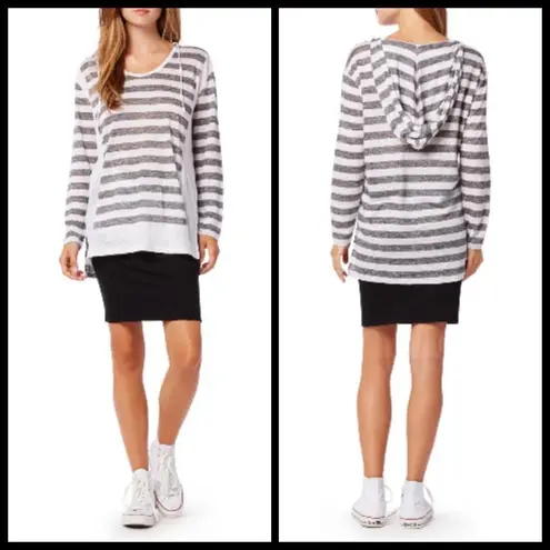 Michael Stars 💕💕 Linen-Knit Stripe-Hooded Pullover Grey White Striped Pattern