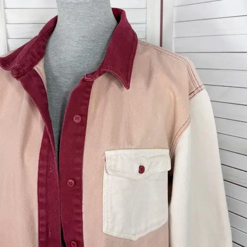 Missguided Color Block Oversized Denim Button Up Shirt Maroon Peach 8