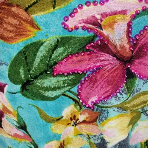 Jane Ashley Turquoise Sequin Tropical Floral Long Sleeve Top Size Medium