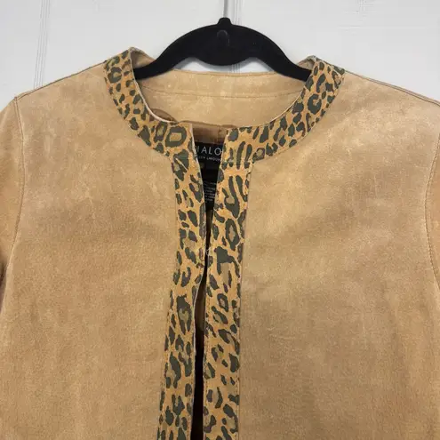 Dialogue Tan Suede Leather Jacket Leopard Print Trim 90s Y2K Size S