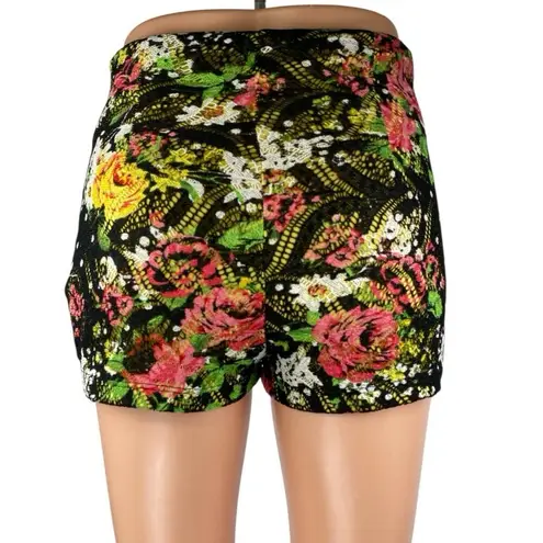 Mystic Women Multicolor Floral Knit Crochet Zip High Waisted Mini Shorts Size S