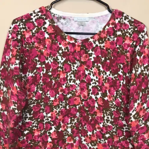 Garnet Hill Women’s Floral Print Knit Button-Up 7/8 Sleeve Cardigan Sweater