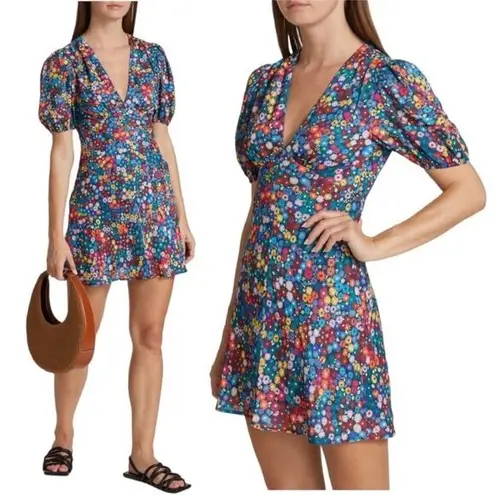 STAUD NWT Size 10 Milla Rainbow Flower Print Puff Sleeve V Neck Mini Dress