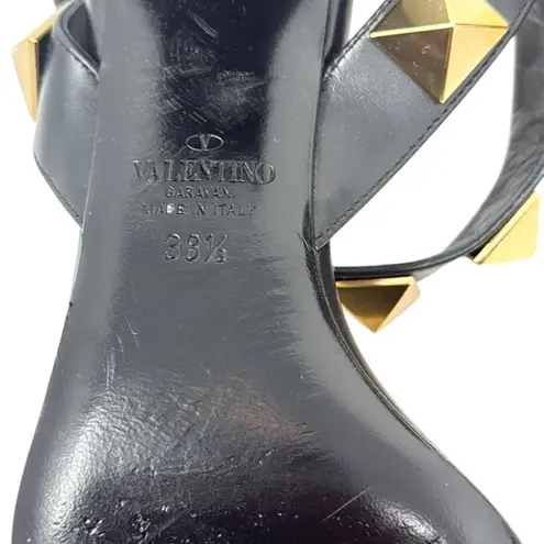Valentino Garavani Roman Stud Sandals Leather Mid Heel Black Gold Size 38.5