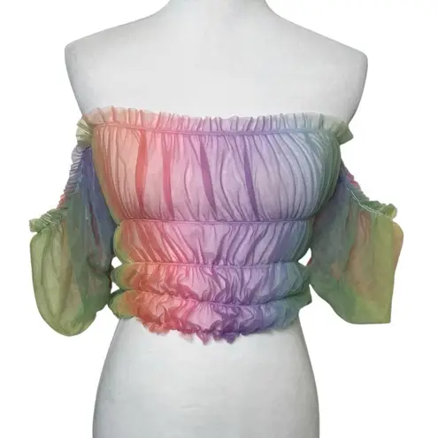 Lirika Matoshi Off Shoulder Rainbow Sheer Puff Sleeve Top Women’s Size Small Pink