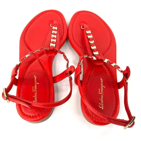 Salvatore Ferragamo TAHITI CORAL LEATHER T-STRAP FLAT SANDALS SIZE 6 C