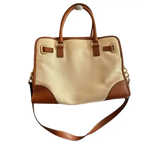 Michael Kors Michael Kors Hamilton Stripe Satchel Bag Ivory Red Brown Leather Trim