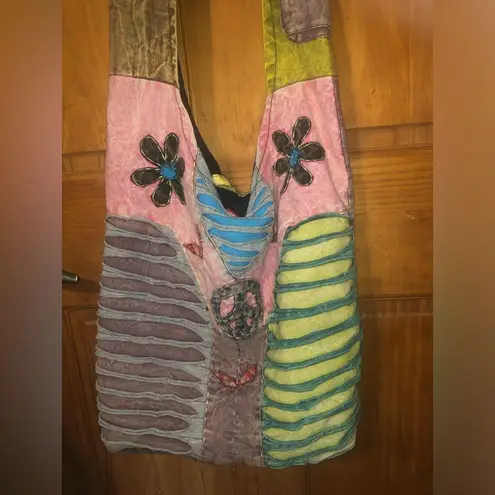 376. Bohemian hippie style Colorful peace sign & daisies Patchwork Shoulder Bag Pink