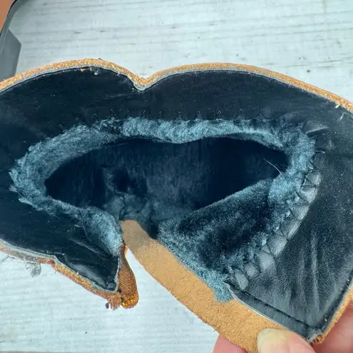 Camel Brown Leather Retro Flower Ankle Boots Low Heel Faux Fur Lined Comfy Boho Size 8