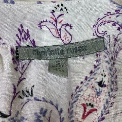 Charlotte Russe  White & Purple Floral Ruffled Deep V Tie Front Crop Top Blouse