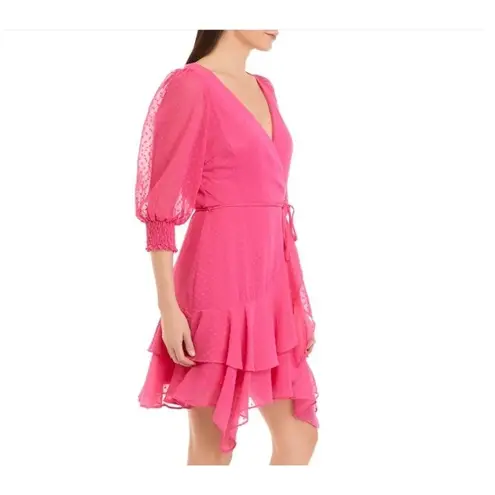 Maison Tara Faux Wrap Dress Size 6 Pink Clip Dot Ruffle Surplice Tiered Flutter