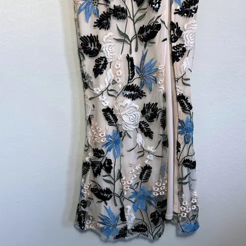 Lulus Show Stopper Cream Embroidered Sequin Bodycon Maxi Dress XS Tulle Gown Tan