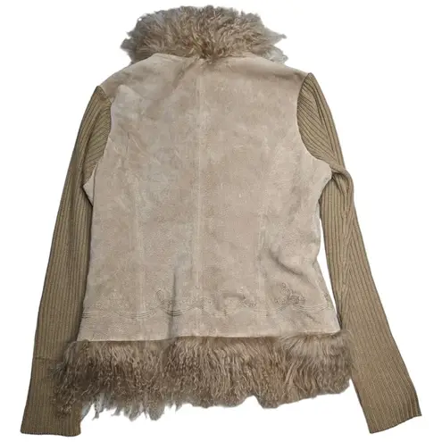 Vtg Y2K If It Were Me Tan Embroidered Suede Sheep Fur Trim Penny Lane Jacket L Size L