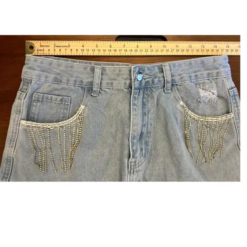 Harper Heritage Denim Shorts Rhinestone Fringe Cut Off Distressed Light Wash 28 Blue