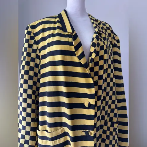 Vintage ‘90s Cedars 100% Silk Yellow & Black Checkerboard + Stripe Print Blazer Size M