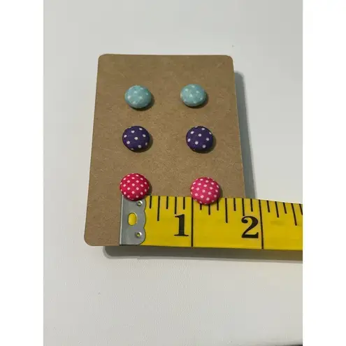 None Fabric Covered Button Earrings Stud Set Pink Purple Teal Blue Polka Dots Round