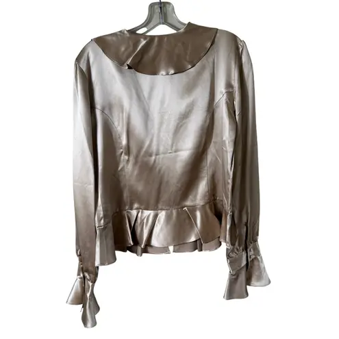 Bloomingdales Vintage Satin Ruffle Peplum Blouse SZ L Poet Sleeve Tan V Neck Button Up Romanti
