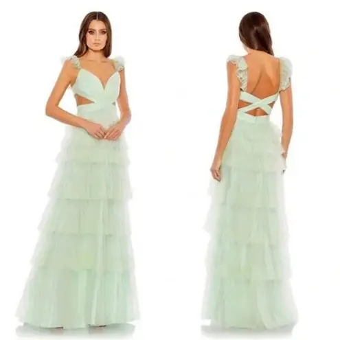 Mac Duggal 50670 Ruffle Tiered Tulle Cut Out Gown in Mint Green Size 4