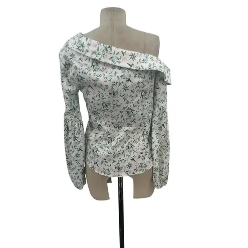 Amur Reagan One Shoulder Blouse Top White Floral Print Long Sleeve Size Small