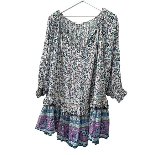 Spell & The Gypsy Flora Boho Mini Dress Purple Border XS Blue