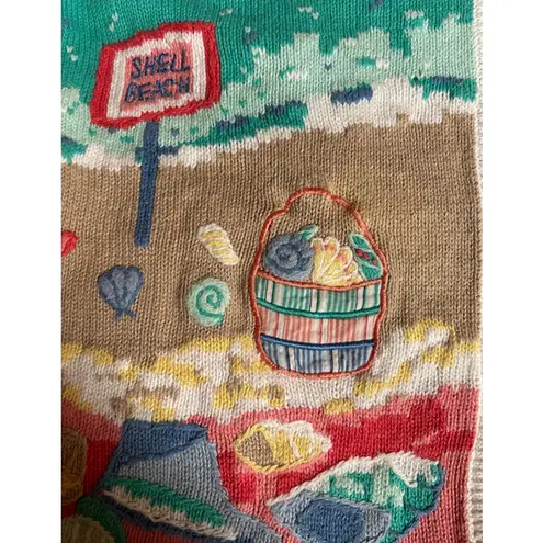 Vintage 80s Koret Embroidered Beach Scene Sweater Vest Sz S Ramie Blue