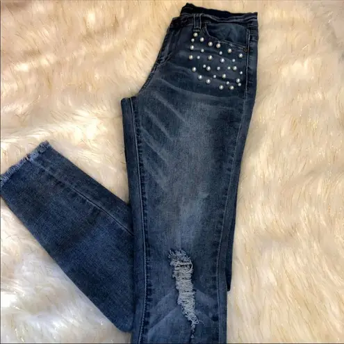 BLOOMROCKS Melrose Pearls Fray Cuff Ankles Jeans Blue Size 28