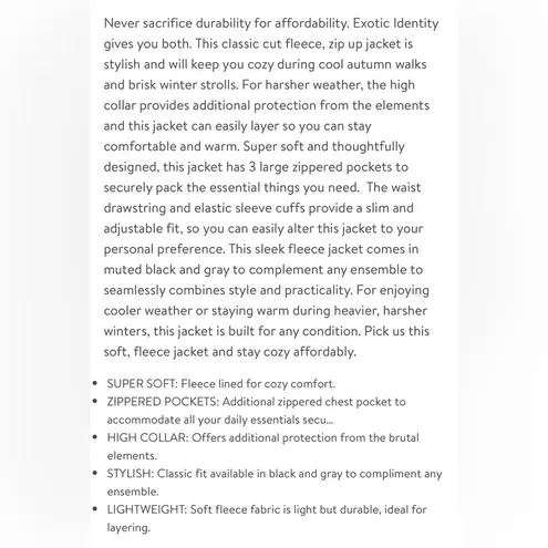 Exotic Identity Black Fleece and Khaki Colorblock Zip Front Jacket Size Small