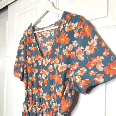 Downeast Floral V Neck Short Sleeve Midi Dress Belted Size XL