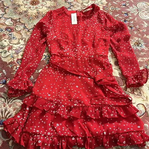 Red Lurex Floral Dress Long Sleeve and Ruffles Size XS