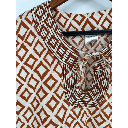 Lands'End  Sleeveless Tunic Top Sz 16P White Rust Orange Geometric Linen Shirt