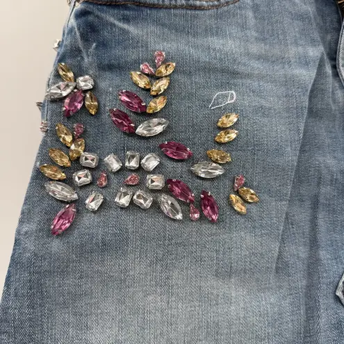EXPRESS  Y2K Rhinestone Bedazzled Raw‎ Hem Medium Wash Denim Mini Skirt Sz 4