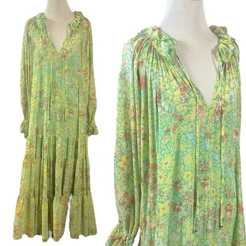 Free People  Feeling Groovy Maxi Dress Size Small 70s Chartreuse Floral Bohemian