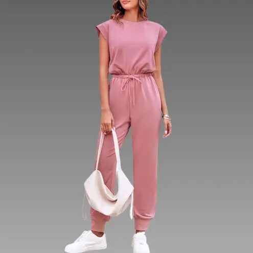 NWT Cap Sleeve Crewneck Open Back Loose Fit Jumpsuit Sz Small Pink