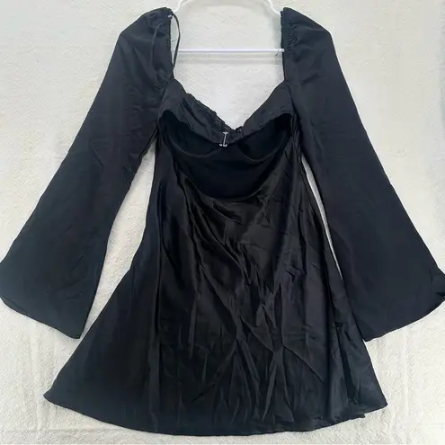 Princess Polly  “Moniz” Black Satin Lace-Trim Long Sleeve Mini Dress