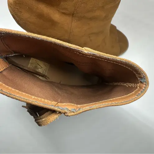 DV Dolce Vita Boots Womens 7.5 Fringe Booties Brown Leather Peep Toe Heeled Boho Tan