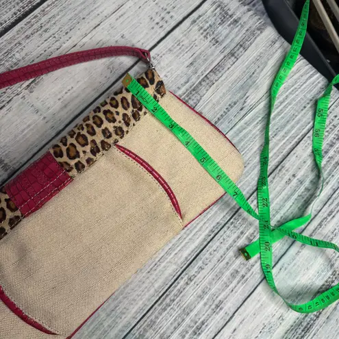 Donald J Pliner Leopard Canvas Pink Croc Embossed Shoulder Bag Animal Print