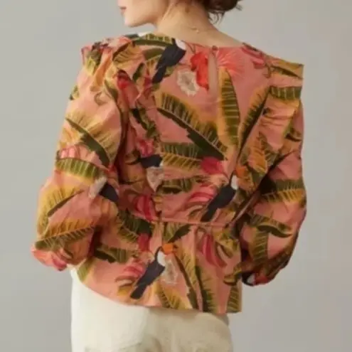 Farm Rio for Anthropologie Yasmine Ruffled Blouse Toucan Floral Tropical Small