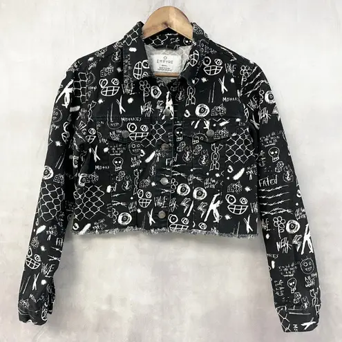 Empyre Graffiti Trucker Jacket Women Small Cropped Grunge Street Edgy Urban Twee Black