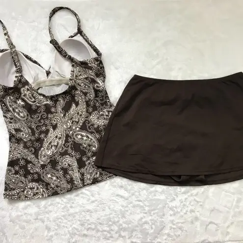 Jantzen Paisley Tankini Top Skirted Bottoms Womens 10 Brown White Two Piece