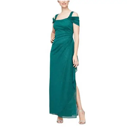 Alex Evenings ALEX EVENINGS Women's Draped Metallic Gown Green Cold-Shoulder NWT Size 8