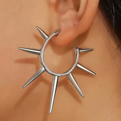 Gothic Exaggerated Spike stud punk earrings , emo goth rock grunge look Silver