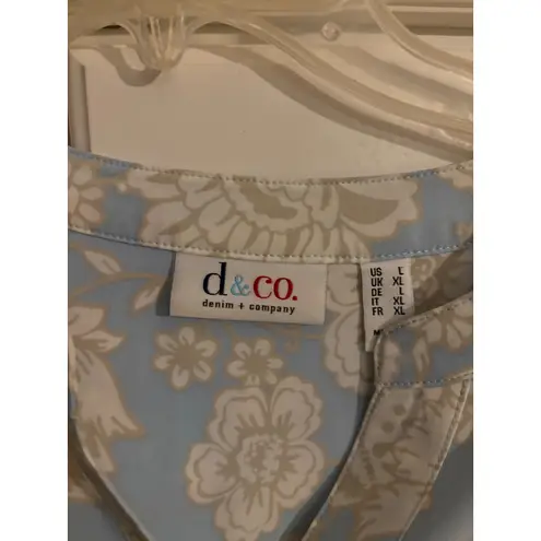 Denim Company Floral Print Button Up Shirt Women's Blue White Casual Top Size L