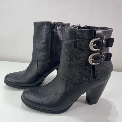 BOC Born Ankle Bootie 10 Black Leather Side Zip Double Buckle Western Goth Biker