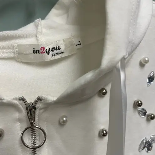 Rhinestone Pearl Full Zip Hoodie Red Glitter Lips Y2K Bling Streetwear Large White