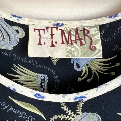 TT Mar Vintage Midi Dress Whimsical Botanical Print Rayon 90s Grunge Grannycore Black Size M